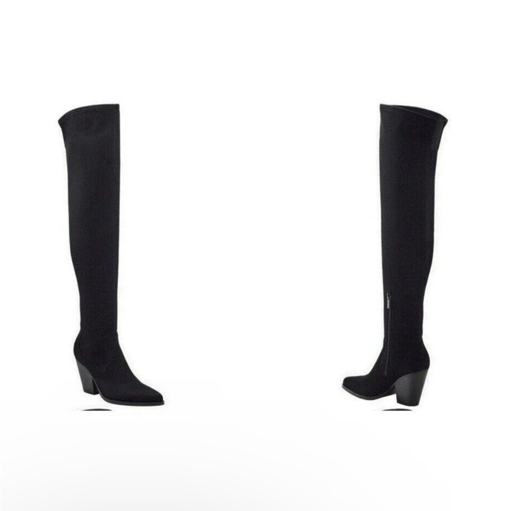 Over the Knee Thigh High Boots Black Faux  Mid Chunky Heel 10M